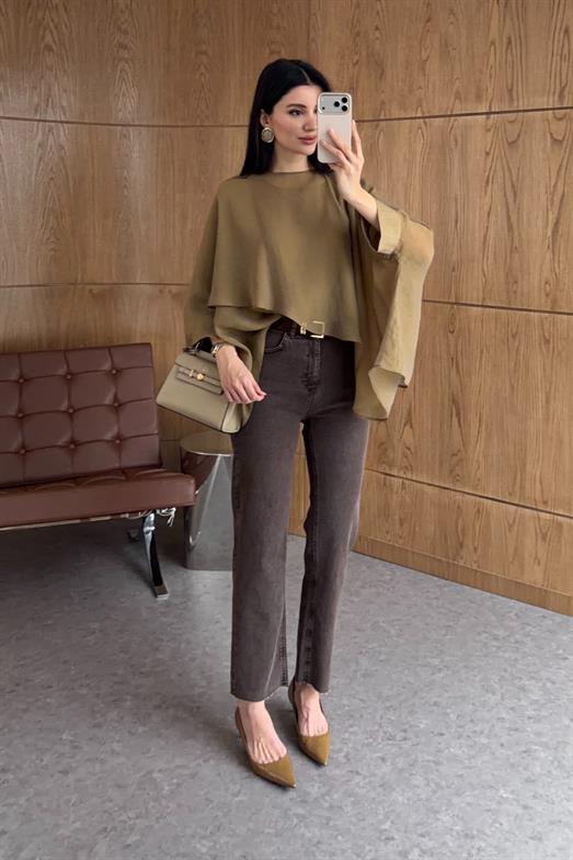 Deri Kemerli Yıkamalı Kahve Jean