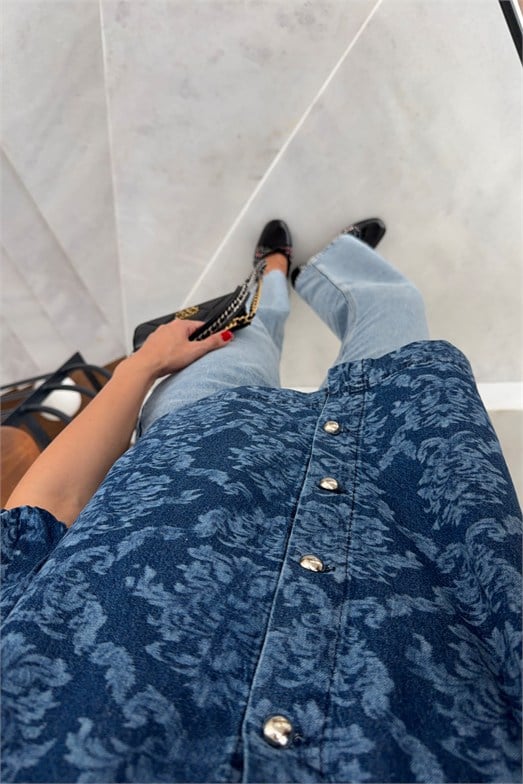 Desenli Balon Kol Denim Gömlek Bluz