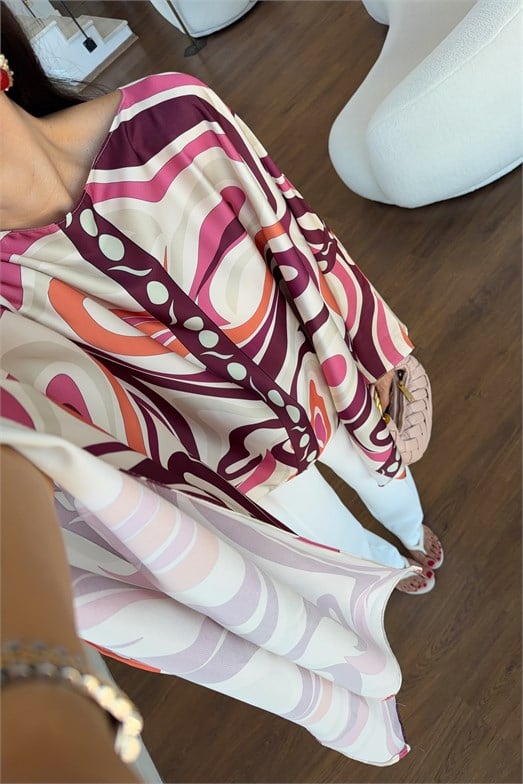 Desenli Fuşya Tunik Bluz