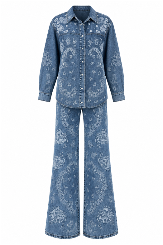 Desenli Gömlek-Jean İkili Denim Takım
