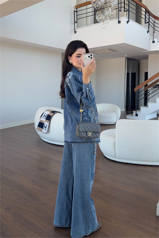 Desenli Gömlek-Jean İkili Denim Takım