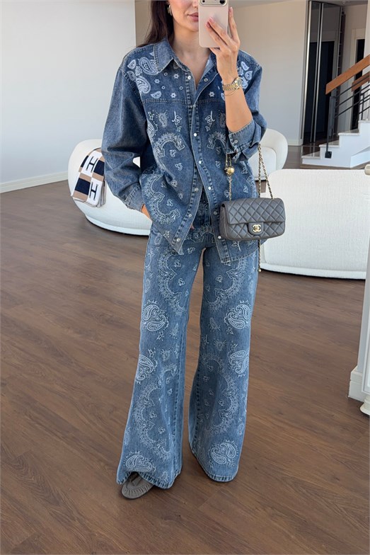 Desenli Gömlek-Jean İkili Denim Takım