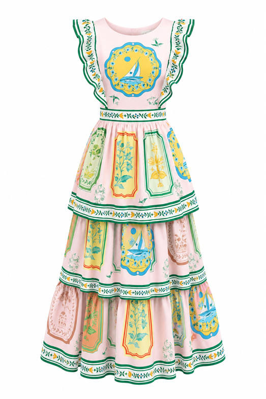 Desenli Katlı Pembe Elbise