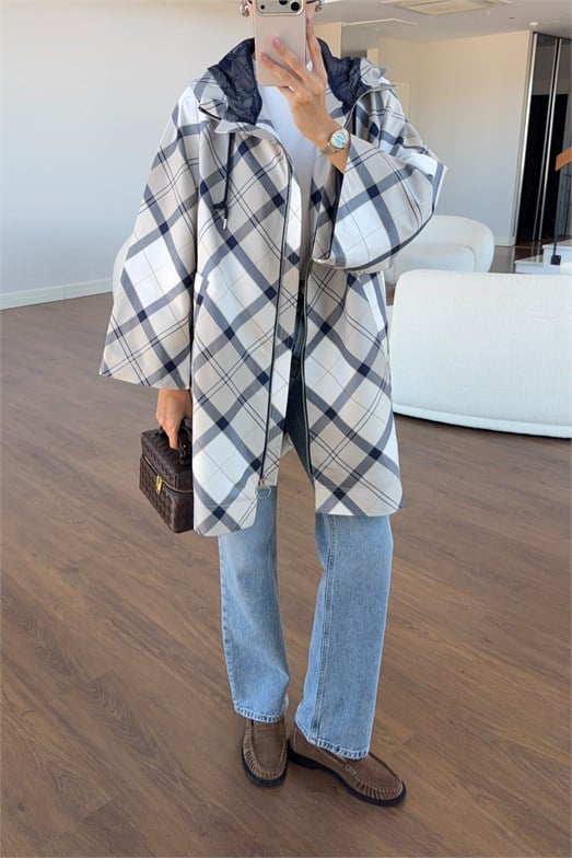 Desenli Lacivert Parka Ceket