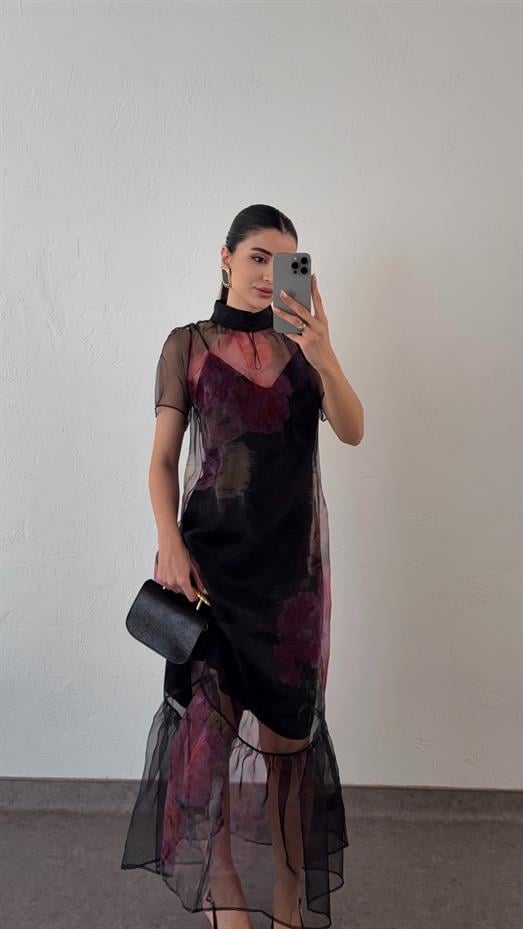 Desenli Organze Elbise