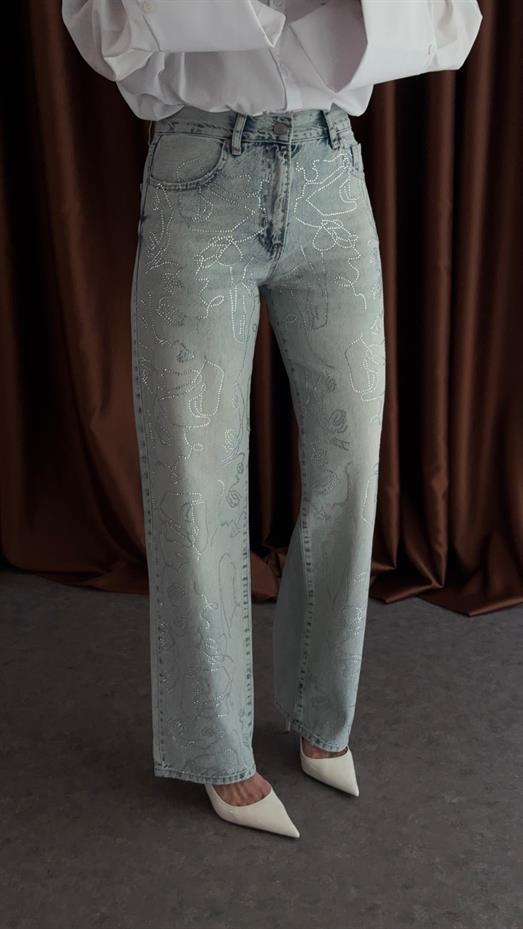 Desenli Taşlı Jean