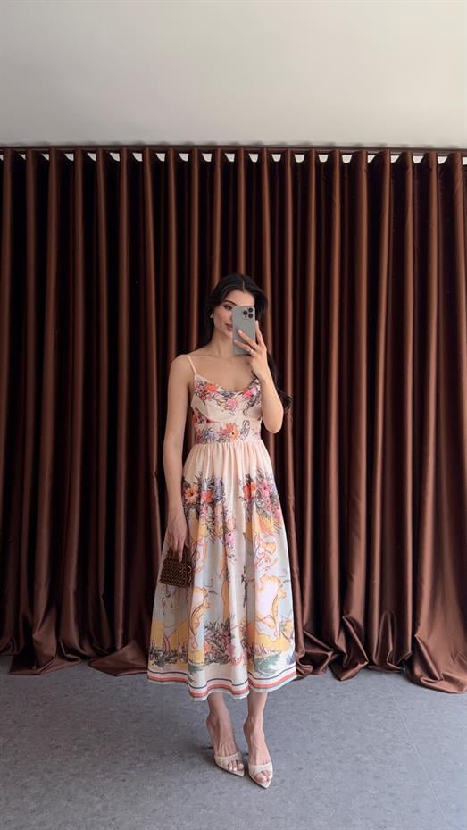 Dijital Baskı Sarı Tonlu Keten Elbise