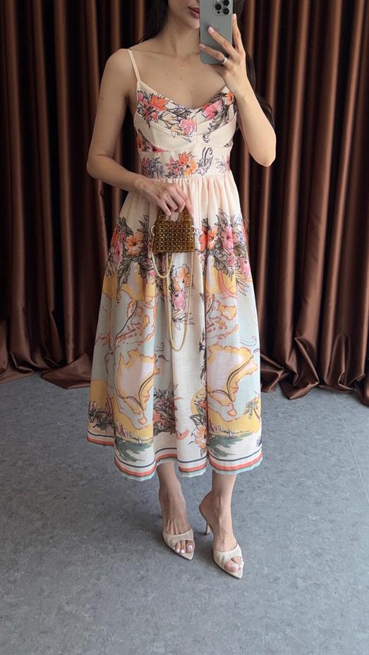 Dijital Baskı Sarı Tonlu Keten Elbise