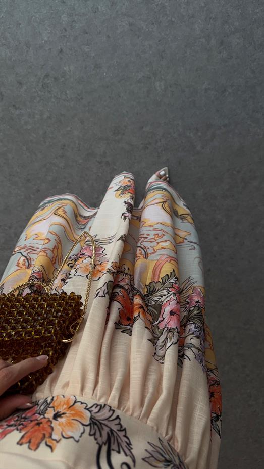 Dijital Baskı Sarı Tonlu Keten Elbise