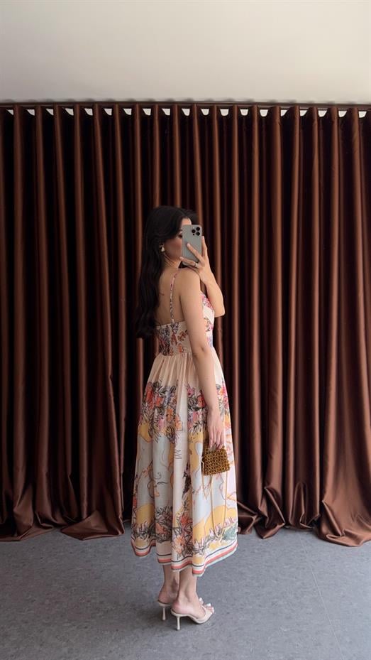 Dijital Baskı Sarı Tonlu Keten Elbise