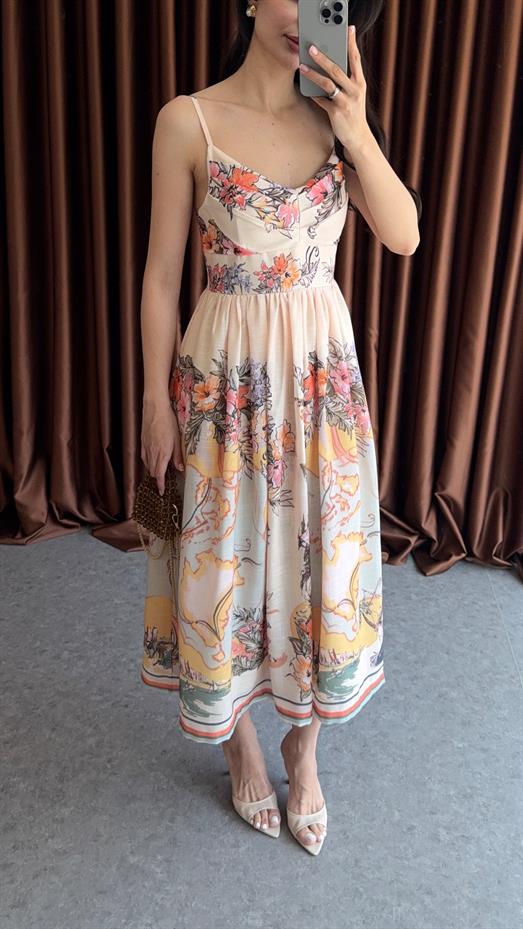 Dijital Baskı Sarı Tonlu Keten Elbise