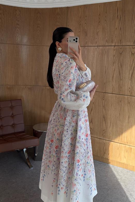 Dijital Çiçek Baskı Keten Çok Renkli Elbise