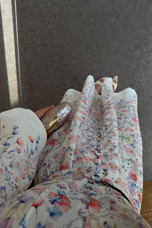 Dijital Çiçek Baskı Keten Çok Renkli Elbise