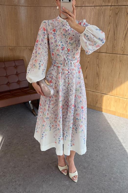 Dijital Çiçek Baskı Keten Çok Renkli Elbise