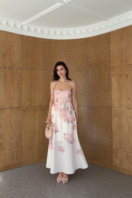 Dijital Çiçek Baskı Soft Pembe Askılı Elbise