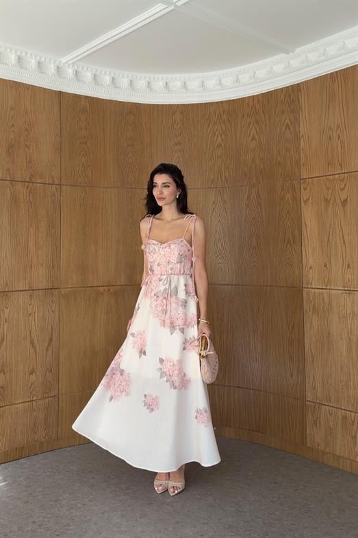 Dijital Çiçek Baskı Soft Pembe Askılı Elbise