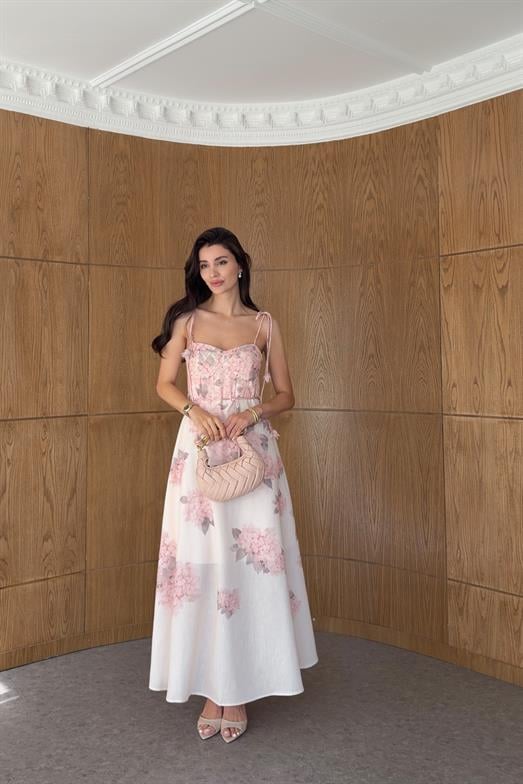 Dijital Çiçek Baskı Soft Pembe Askılı Elbise