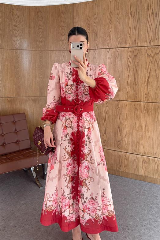 Dijital Gül Baskı Keten Bordo Elbise