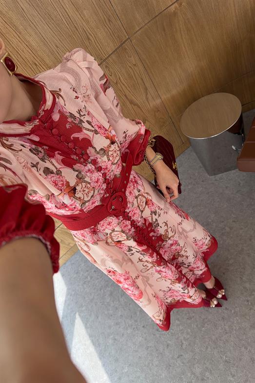 Dijital Gül Baskı Keten Bordo Elbise