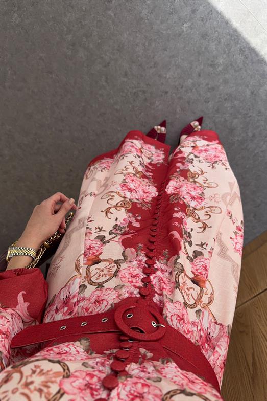 Dijital Gül Baskı Keten Bordo Elbise