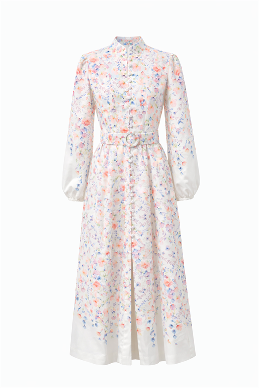 Dijital Çiçek Baskı Keten Çok Renkli Elbise