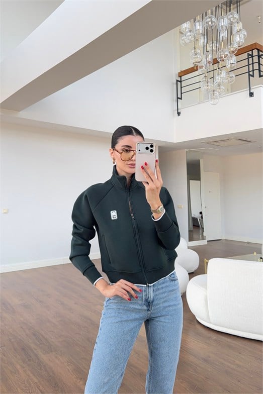Dik Yaka Yeşil Scuba Crop Ceket
