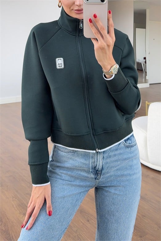 Dik Yaka Yeşil Scuba Crop Ceket