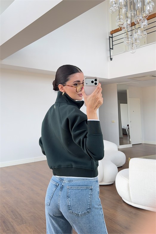 Dik Yaka Yeşil Scuba Crop Ceket