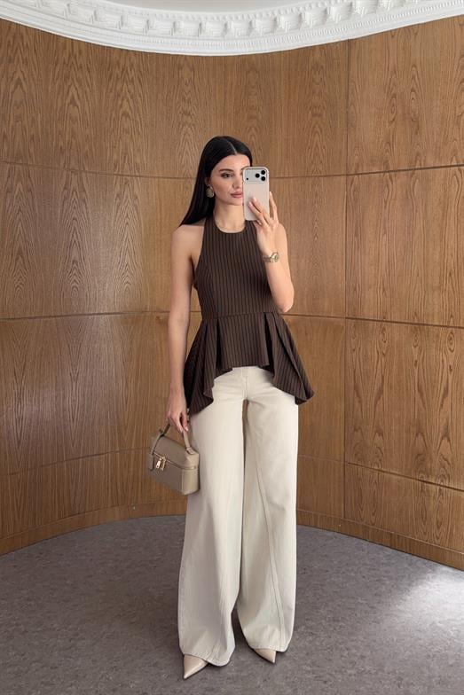 Dikiş Detaylı Wide Leg Bej Jean
