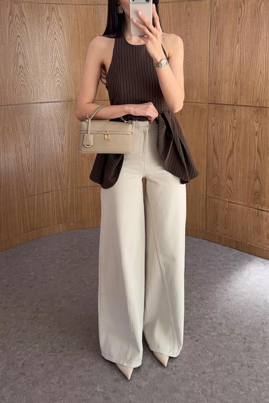 Dikiş Detaylı Wide Leg Bej Jean