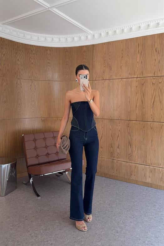 Dikişli İkili Likralı Denim Takım