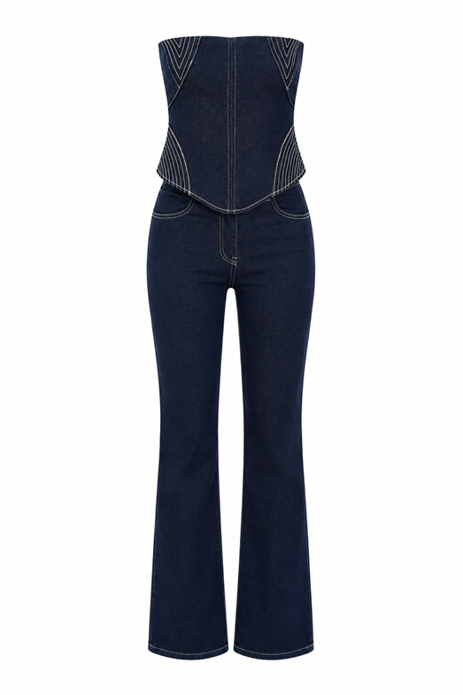 Dikişli İkili Likralı Denim Takım