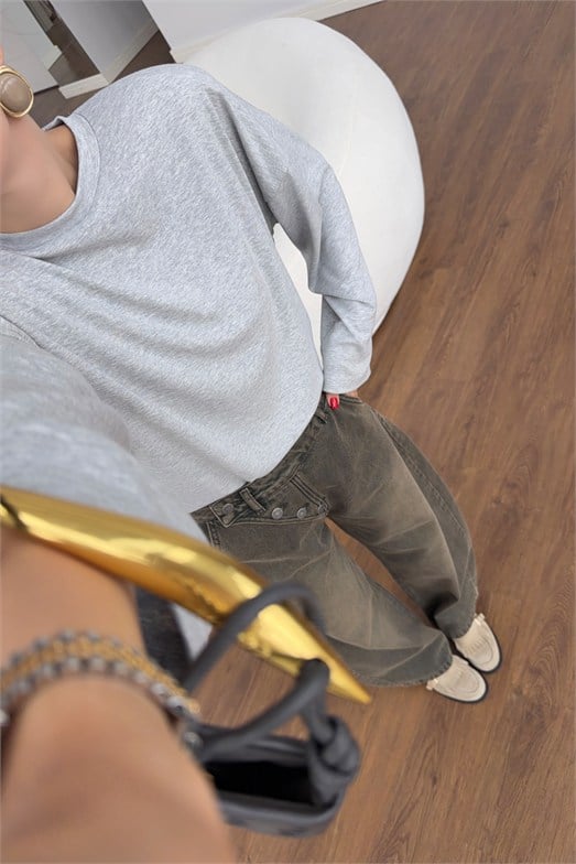 Gri Bisiklet yaka Vatkalı Oversize Sweatshirt