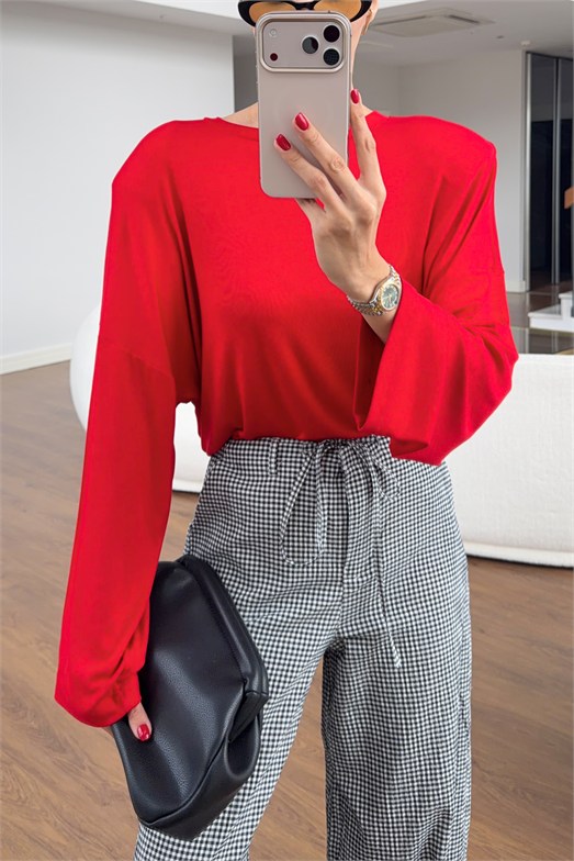 Kırmızı Bisiklet yaka Vatkalı Oversize Sweatshirt