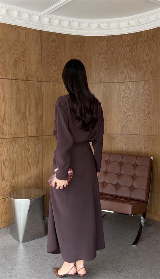 Drapeli Etek-Bluz Kahverengi Takım