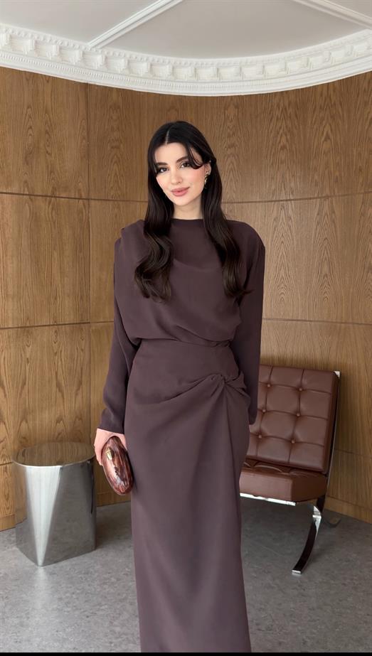 Drapeli Etek-Bluz Kahverengi Takım