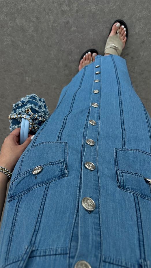 Düğmeli Denim Uzun Elbise