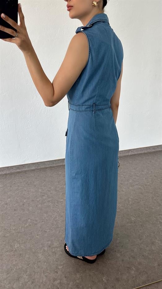 Düğmeli Denim Uzun Elbise