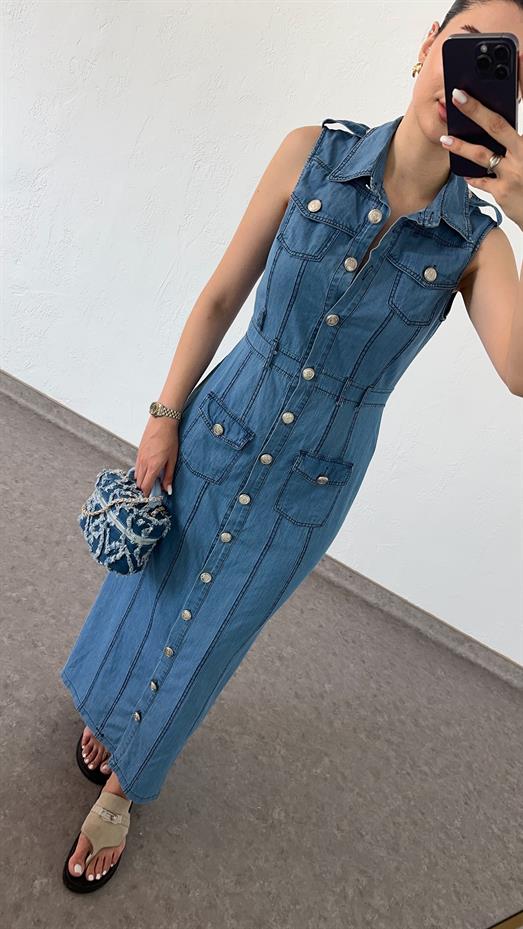 Düğmeli Denim Uzun Elbise
