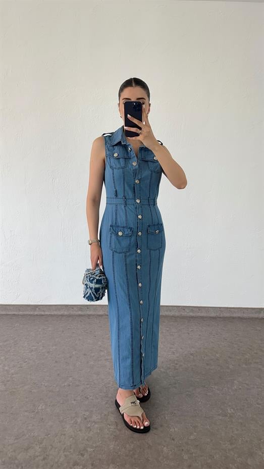 Düğmeli Denim Uzun Elbise
