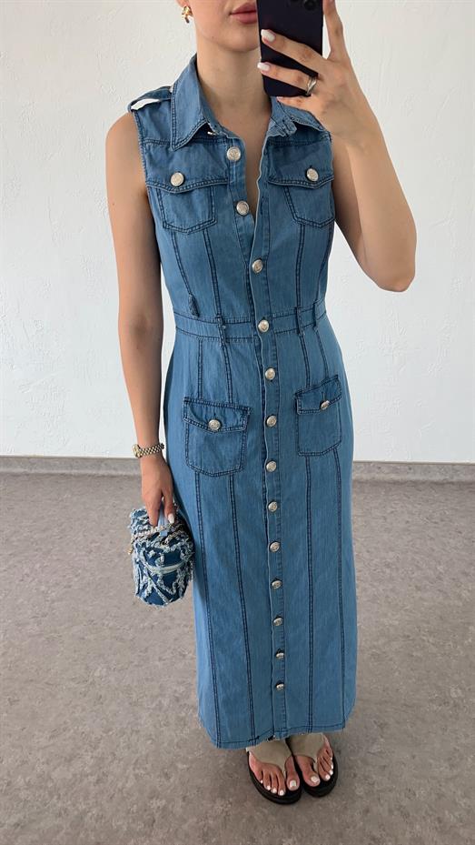 Düğmeli Denim Uzun Elbise