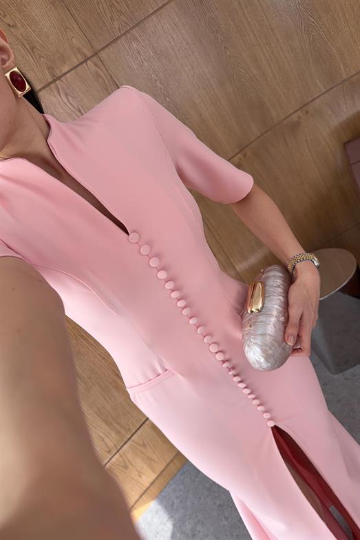 Düğmeli Maxi Boy Pembe Elbise