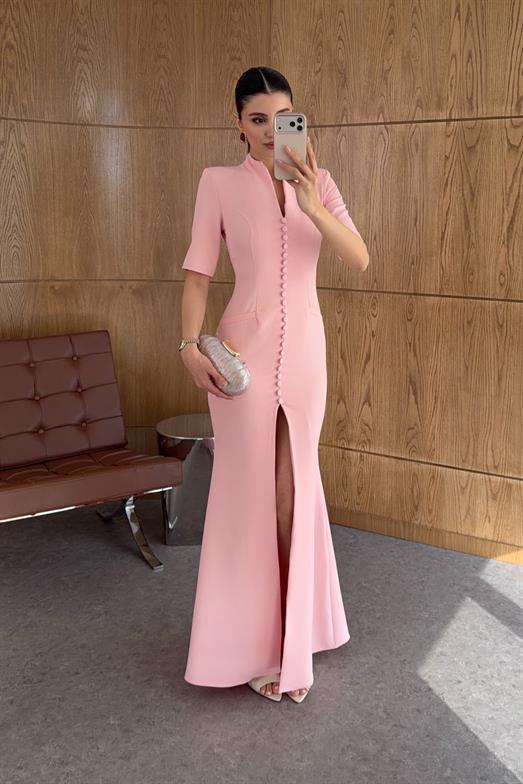 Düğmeli Maxi Boy Pembe Elbise