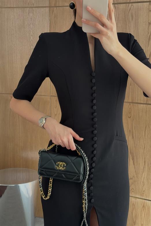 Düğmeli Maxi Boy Siyah Elbise