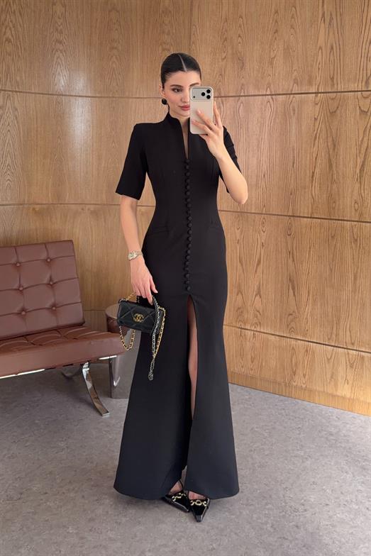 Düğmeli Maxi Boy Siyah Elbise