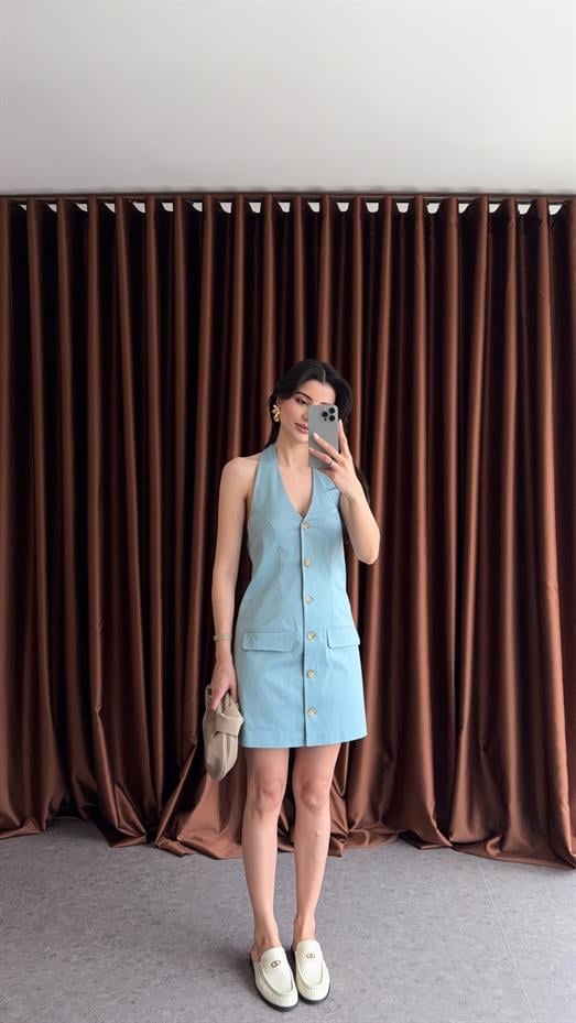 Düğmeli Mint Elbise