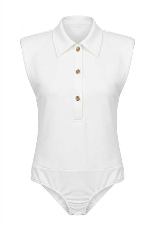 Düğmeli Polo Yaka Beyaz Bodysuit