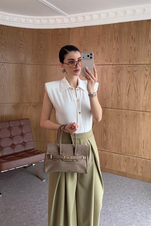 Düğmeli Polo Yaka Beyaz Bodysuit