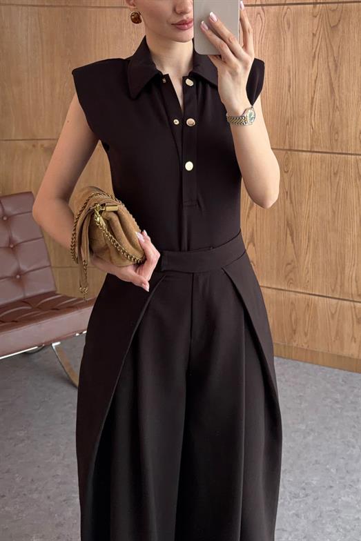 Düğmeli Polo Yaka Kahverengi Bodysuit