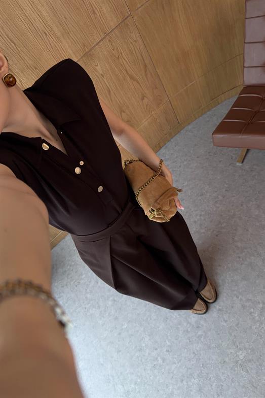 Düğmeli Polo Yaka Kahverengi Bodysuit